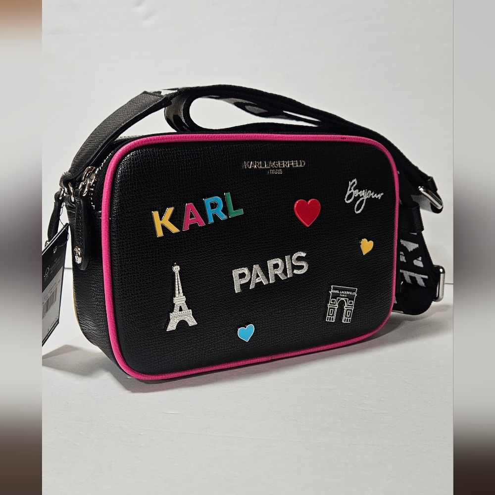 NWT Karl Lagerfeld Black Crossbody Bag with Pink Accents - Picture 2 of 8